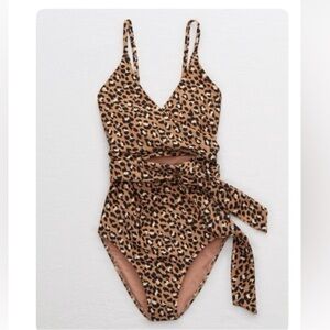 Aerie Leopard Wrap one piece bathing suit size small long full coverage